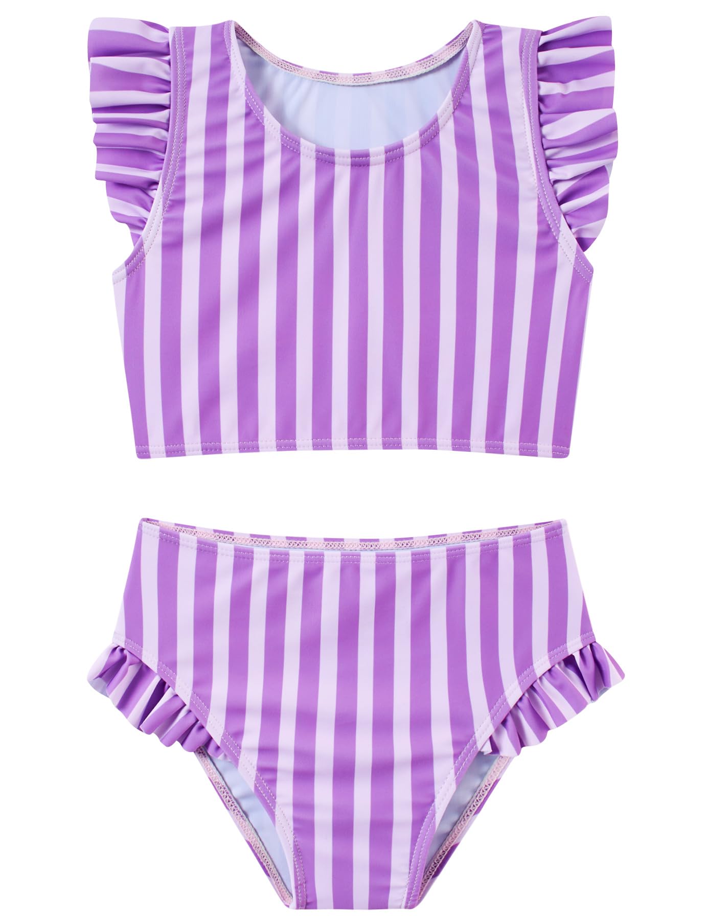 Girls purple striped two piece bikini set with ruffle shoulder top and matching high-waist bottoms for swimming and summer wear.