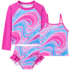 Girls purple swirl print rash guard swim set with colorful design, soft stretch fabric and comfortable fit.