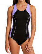 Girls one piece swimsuit with black body and purple pink contrast trim, designed for comfortable swim lessons and pool activities.