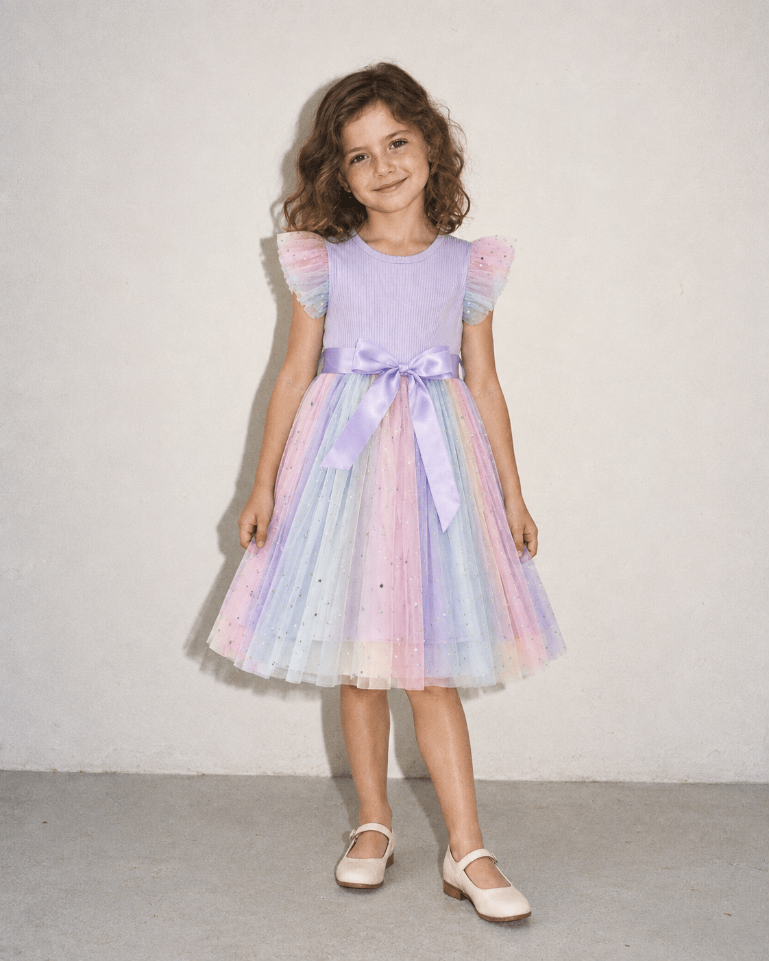 Girl wearing a purple tulle party dress in a front standing pose, showing the pastel layered skirt, fitted bodice and flutter sleeve design.