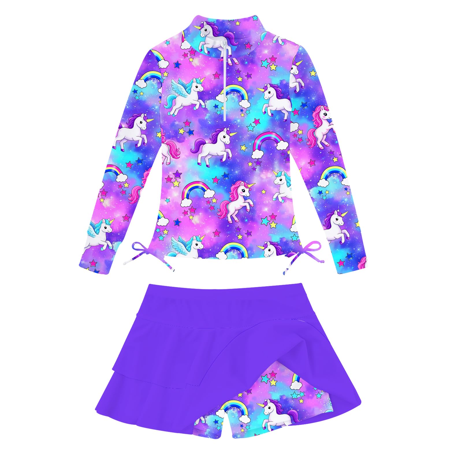 Girls purple unicorn printed long sleeve rash guard swimsuit with skirt, magical kids swimwear for beach holidays and pool days.