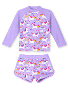 Girls purple unicorn rash guard swim set with long sleeve top and shorts, playful printed swimsuit for pool and beach.