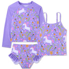 Girls purple unicorn rash guard swimsuit set with adjustable straps and ruffle shorts, magical kids swimwear for summer.