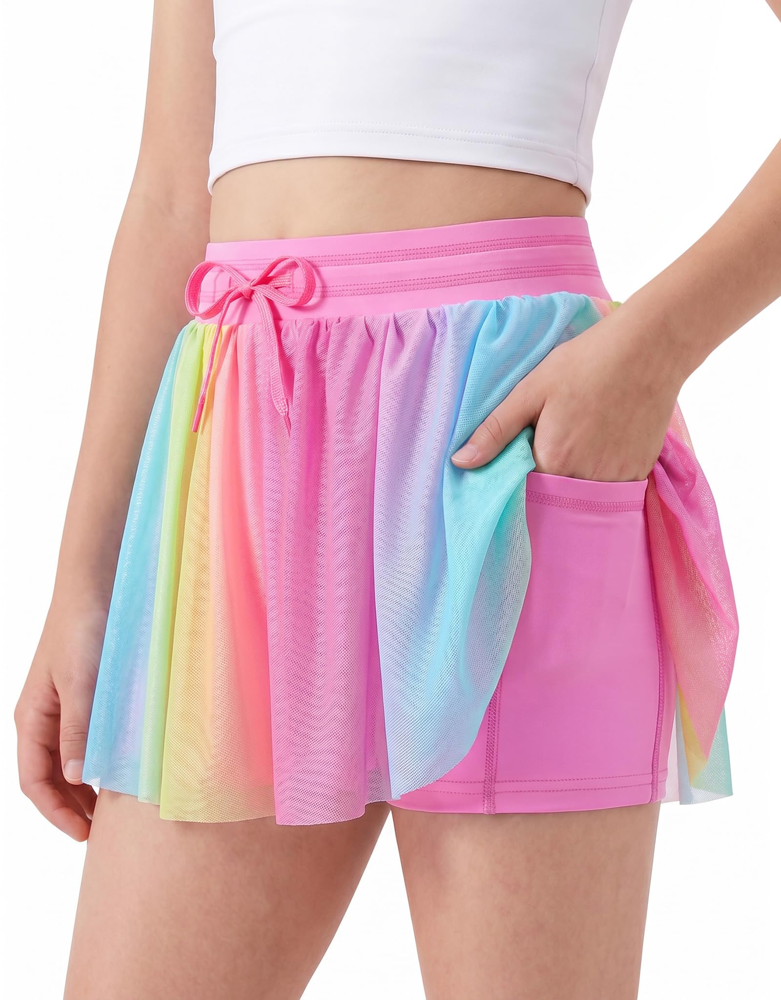 Girls rainbow print athletic shorts with colorful design and stretchy fabric, comfortable activewear for kids.