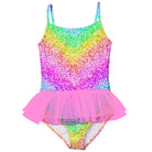 Girls rainbow sequin tutu swimsuit with colorful sparkle design and layered skirt, perfect kids swimwear for pool parties and vacations.