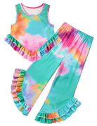 Girls rainbow tie dye ruffle tank top and pants set with colorful print, playful summer outfit for kids.