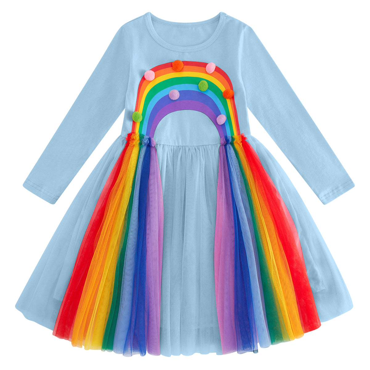 Girls rainbow tulle dress with long sleeves, pastel blue top and colorful layered skirt for birthday parties and special occasions.