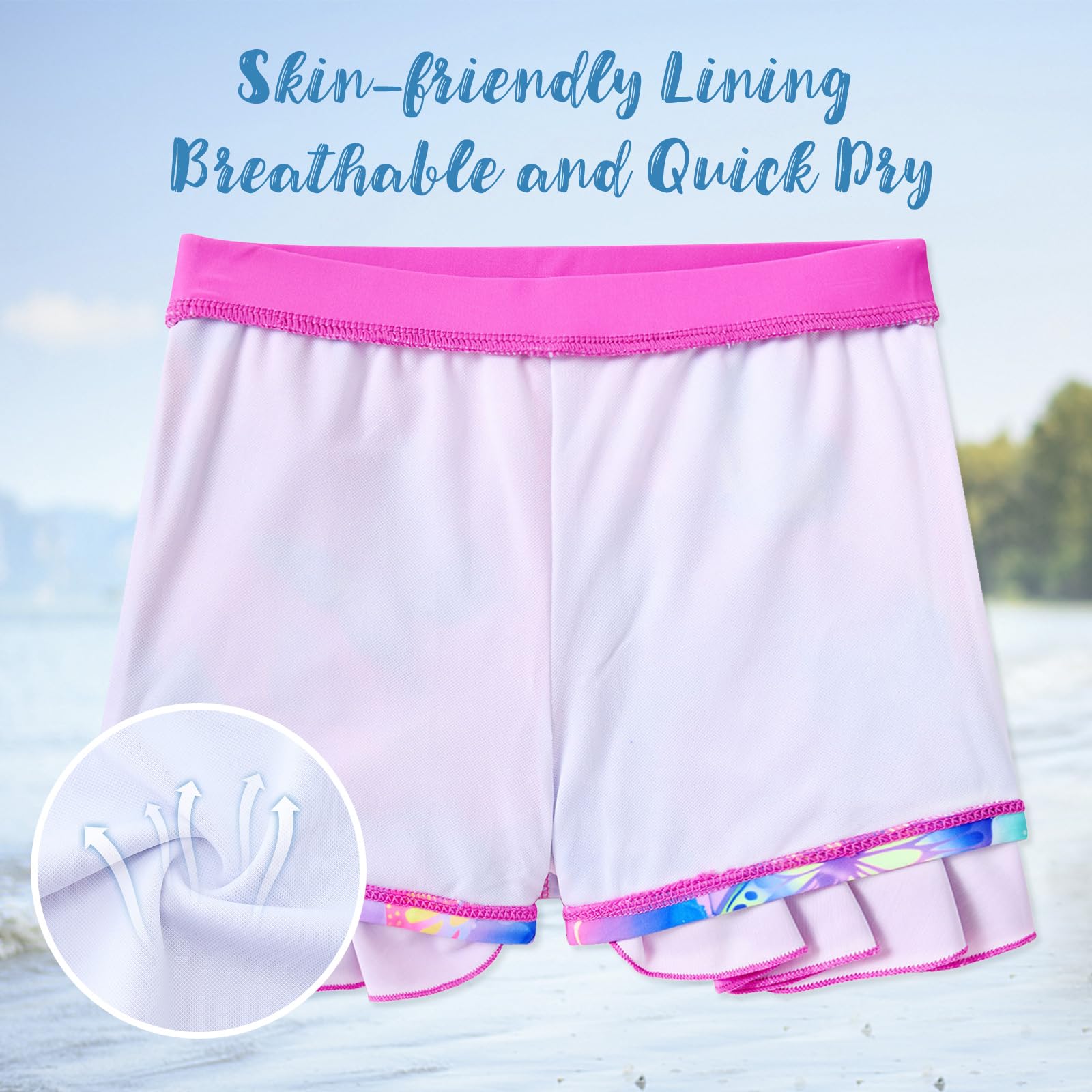 Close-up of girls rash guard swim set showing the matching skirted bottom, lightweight fabric and layered swimwear construction for added coverage.