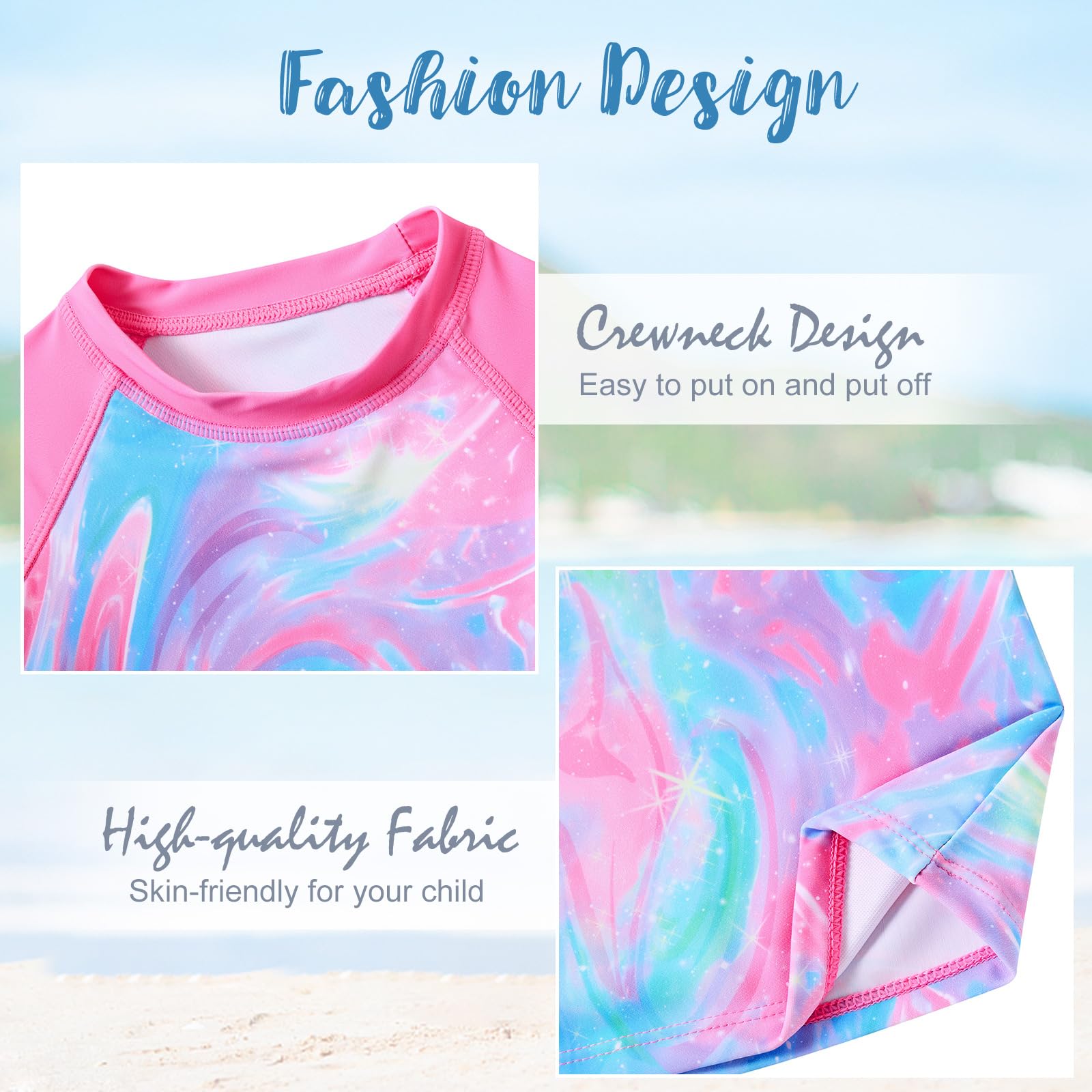 Girls long sleeve rash guard swim top feature detail showing the lightweight printed fabric, full sleeve coverage and comfortable summer swimwear design.