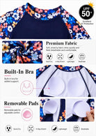 Girls long sleeve rash guard swimsuit detail showing UPF 50+ sun protection, built-in bra, removable pads, quick dry fabric and four-way stretch material.