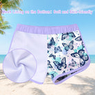 Girls two piece rash guard swimsuit with matching swim shorts featuring soft fabric, comfortable waistband and butterfly print design.