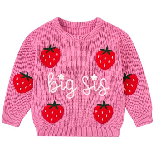 Girls raspberry pink knit sweater with Big Sis lettering and strawberry designs, a cozy sibling-themed top for fall and winter wear.