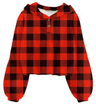 Girls red checkered fleece pullover hoodie with classic plaid pattern and cozy long sleeve design for casual fall and winter outfits.