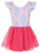 Girls red duck print ballet dress with flutter sleeves and comfortable stretch fabric for dance and play.