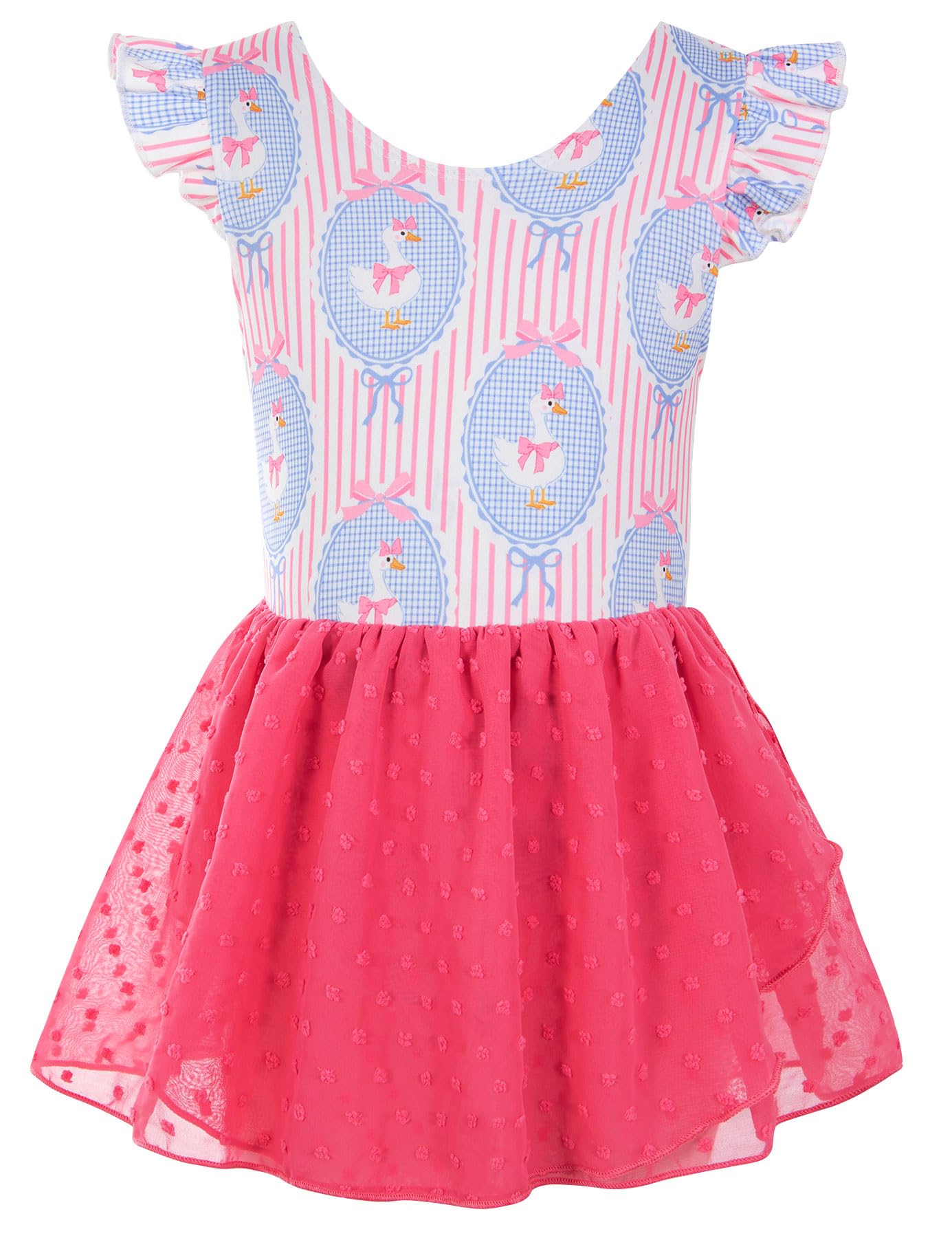 Girls red duck print ballet dress with flutter sleeves and comfortable stretch fabric for dance and play.