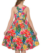 Girls red floral rainbow strap sundress with colorful print and lightweight fabric, cute summer outfit for kids.