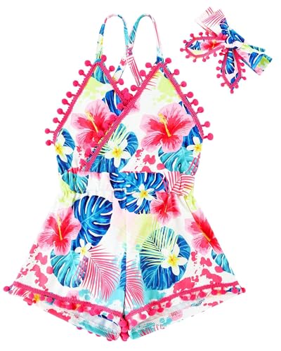 Girls red floral romper dress with matching headband, adorable cotton blend summer outfit for toddlers and little girls.