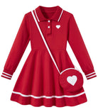 Girls red long sleeve polo dress with heart shoulder bag, festive collared dress for birthdays and special occasions.