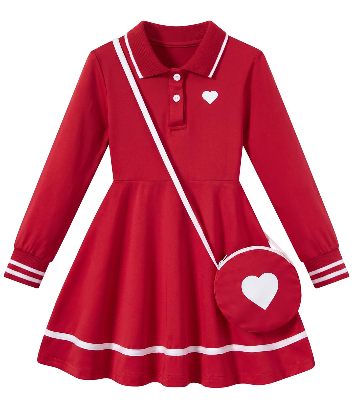 Girls red long sleeve polo dress with heart shoulder bag, festive collared dress for birthdays and special occasions.