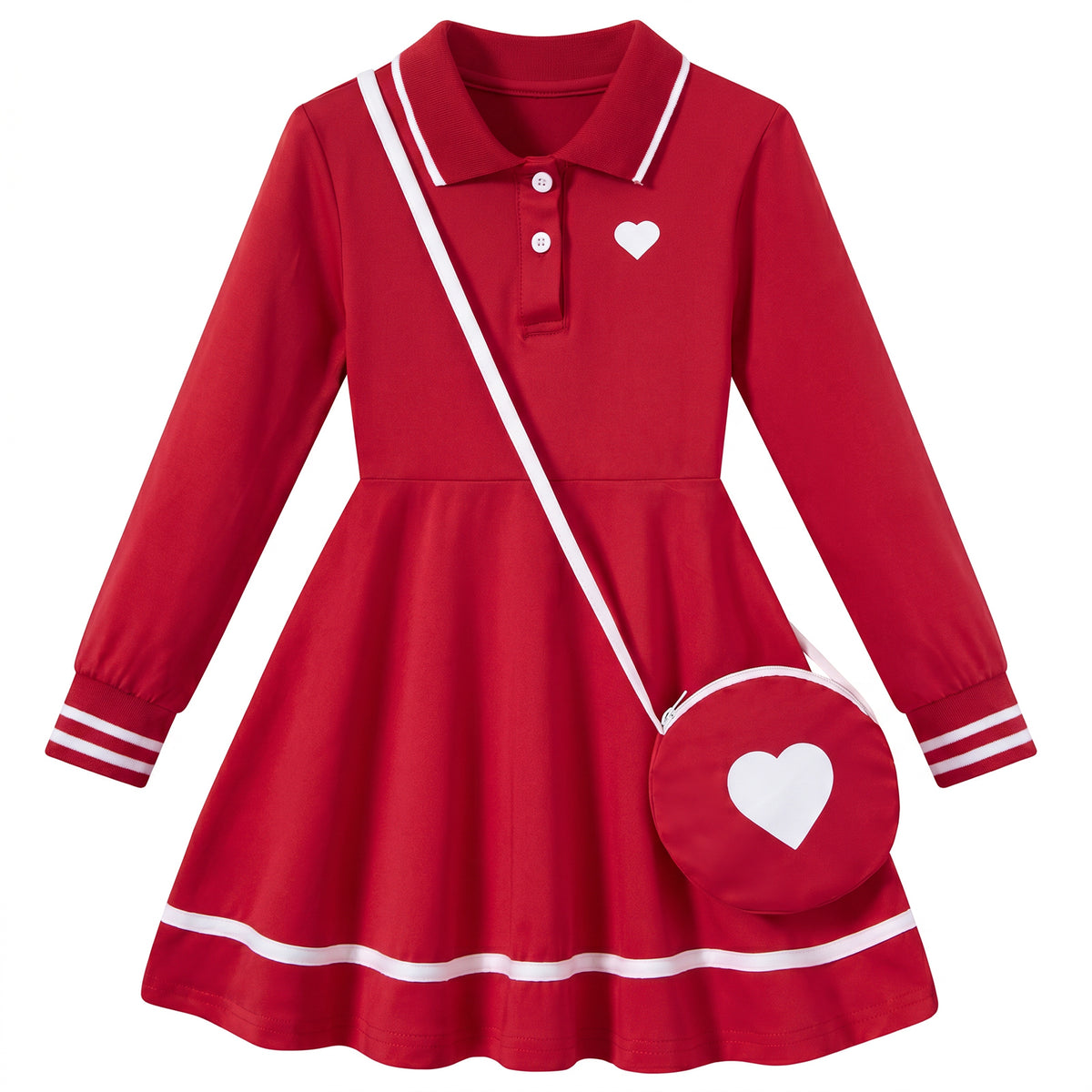 Girls red long sleeve polo dress with white contrast trim and matching heart shoulder bag, featuring a classic collar and flared skirt.