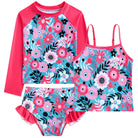 Girls red printed three piece swimsuit set with long sleeve rash guard top and matching shorts for swimming.