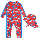 Toddler girls red shark print full coverage rash guard swimsuit with long sleeves, front zipper and coordinating sun hat.