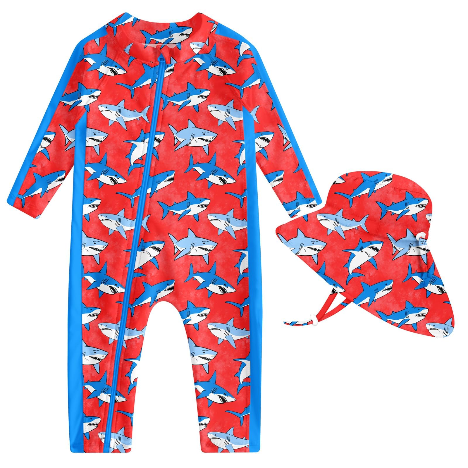 Toddler girls red shark print full coverage rash guard swimsuit with long sleeves, front zipper and coordinating sun hat.