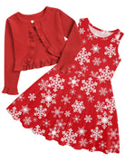 Girls Red Snowflake dress and cardigan set with red long sleeve cardigan and matching snowflake print dress for Christmas and winter holiday wear.