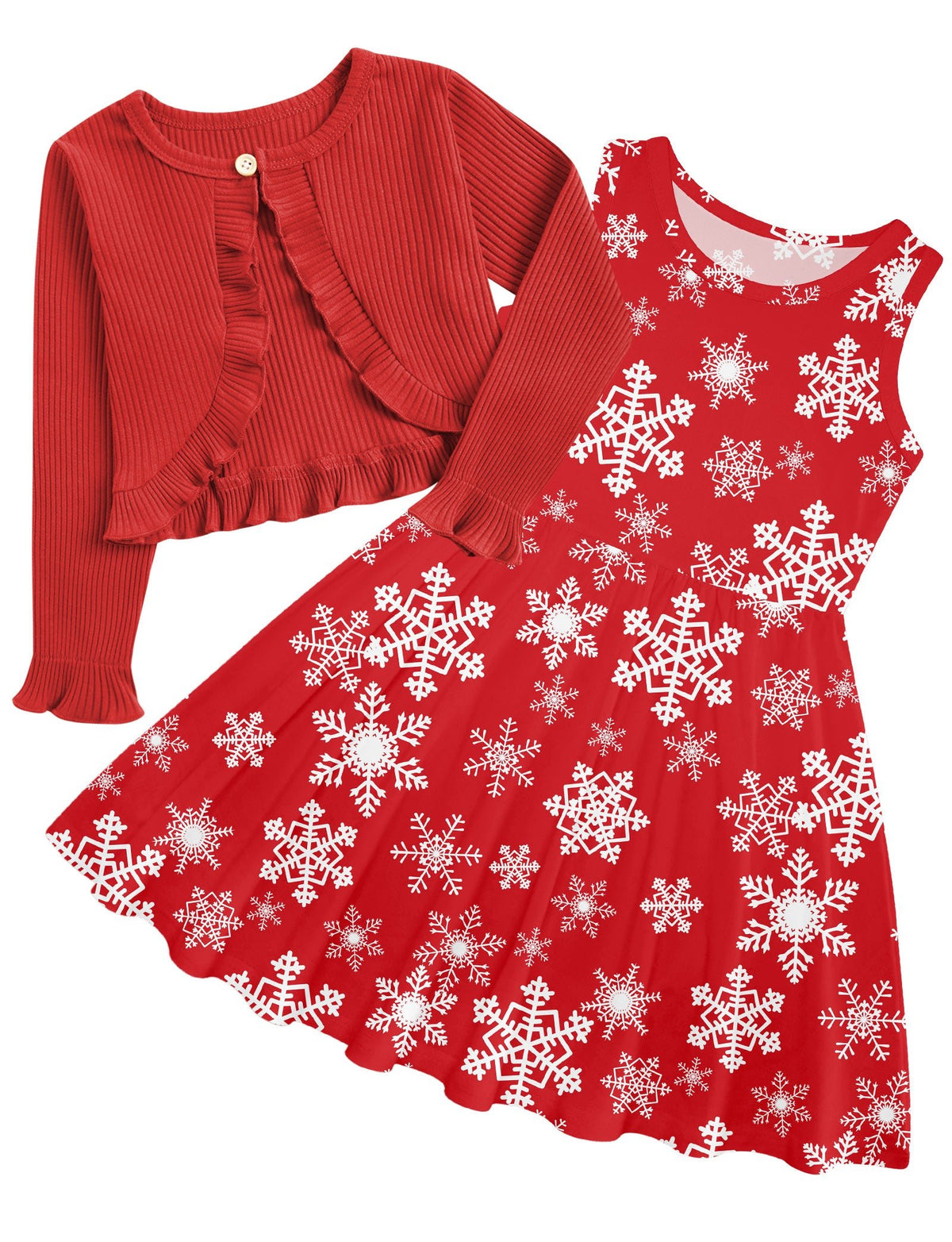 Girls Red Snowflake dress and cardigan set with red long sleeve cardigan and matching snowflake print dress for Christmas and winter holiday wear.