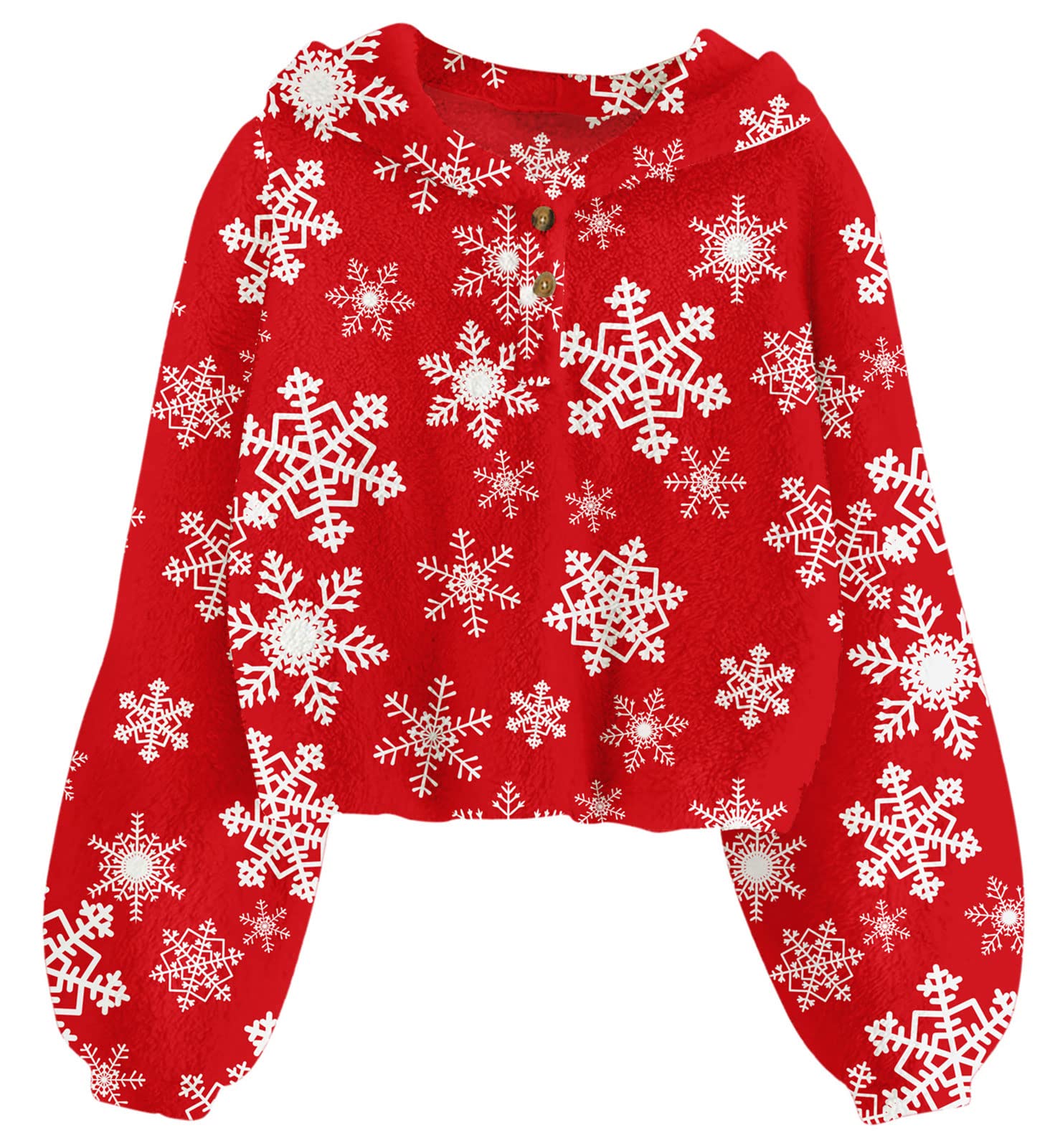 Girls red snowflake fleece pullover hoodie with long sleeves and cozy relaxed fit for winter, holiday and everyday casual outfits.