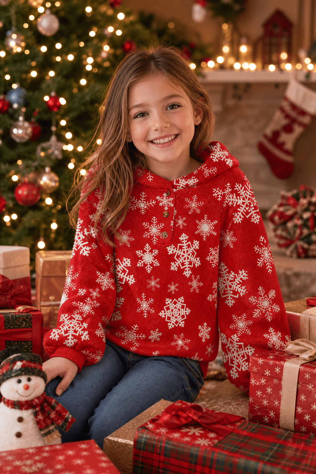 Girl wearing a red snowflake fleece hoodie beside Christmas gifts and a decorated tree, showing a festive holiday outfit for winter celebrations.