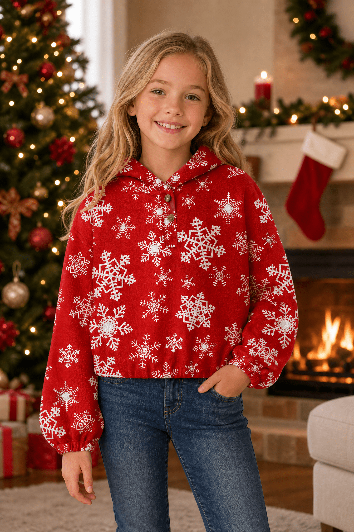 Girl wearing a red snowflake fleece pullover hoodie in a Christmas living room, showing the relaxed fit and festive winter styling.