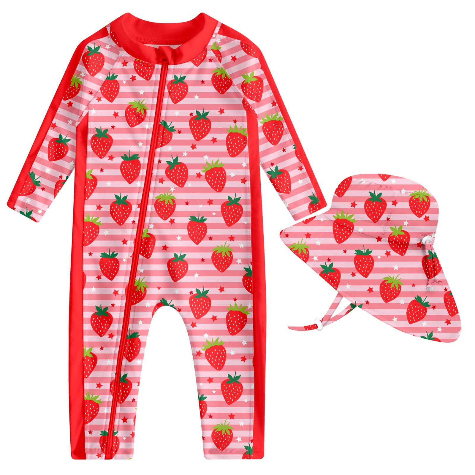 Toddler girls red strawberry print rash guard swimsuit with long sleeves, front zipper and matching sun hat for summer water play.