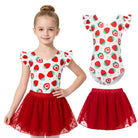 Girls red strawberry ballet dress set with ruffle sleeves and skirt, cute dance outfit for kids.