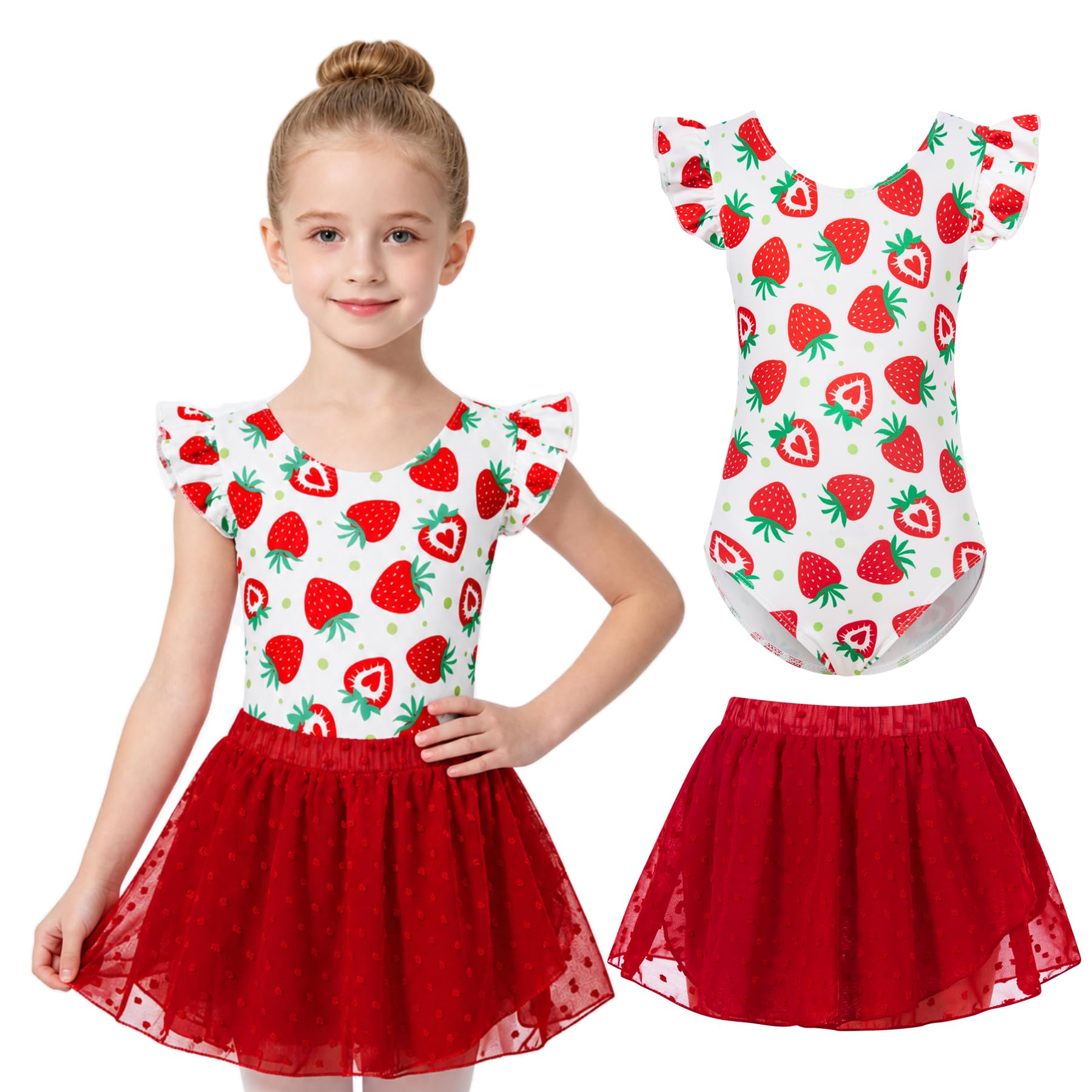 Girls red strawberry ballet dress set with ruffle sleeves and skirt, cute dance outfit for kids.