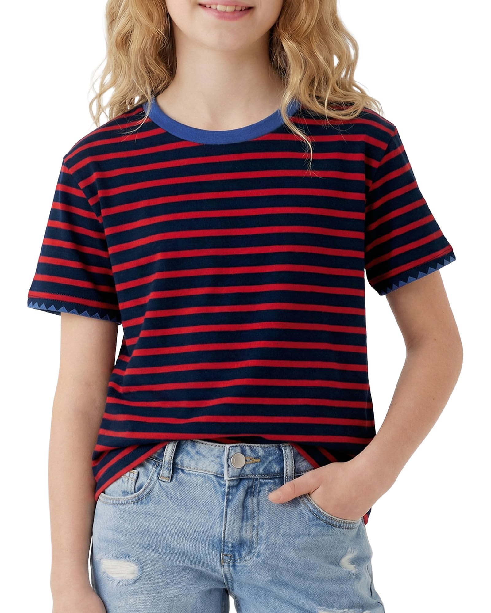 Girls red striped casual tee with short sleeves and stretch comfort, perfect for school and everyday outfits.