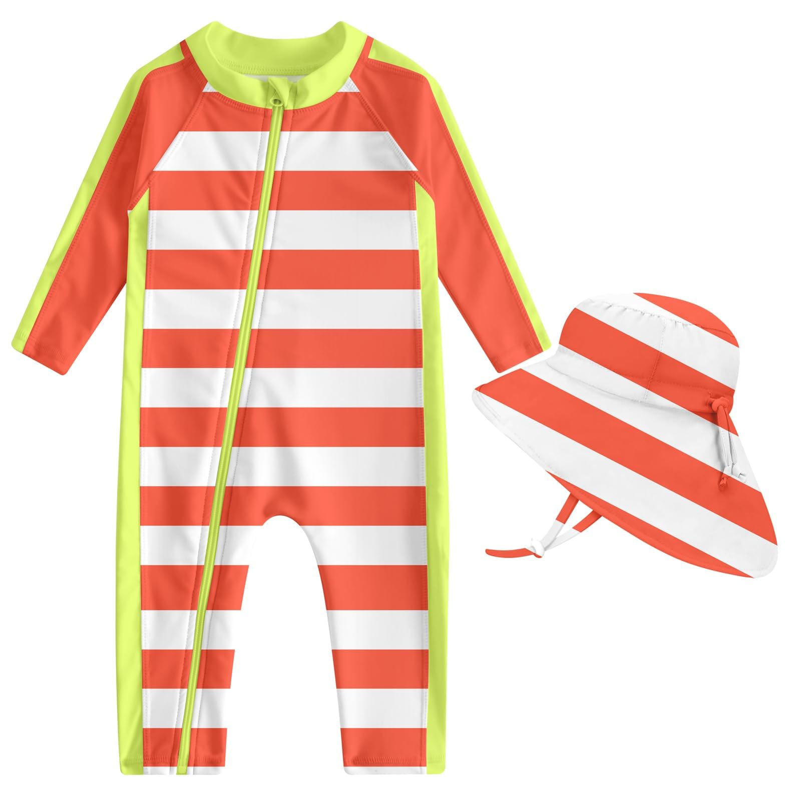Toddler girls red striped long sleeve rash guard swimsuit with matching sun hat and full coverage design for beach and pool activities.