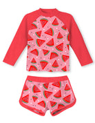Girls red watermelon printed long sleeve rash guard swimsuit set with matching shorts, cute fruit pattern swimwear for summer swimming.
