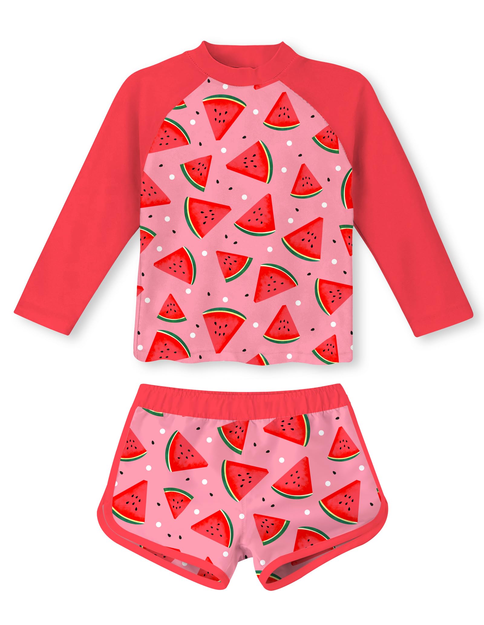 Girls red watermelon printed long sleeve rash guard swimsuit set with matching shorts, cute fruit pattern swimwear for summer swimming.