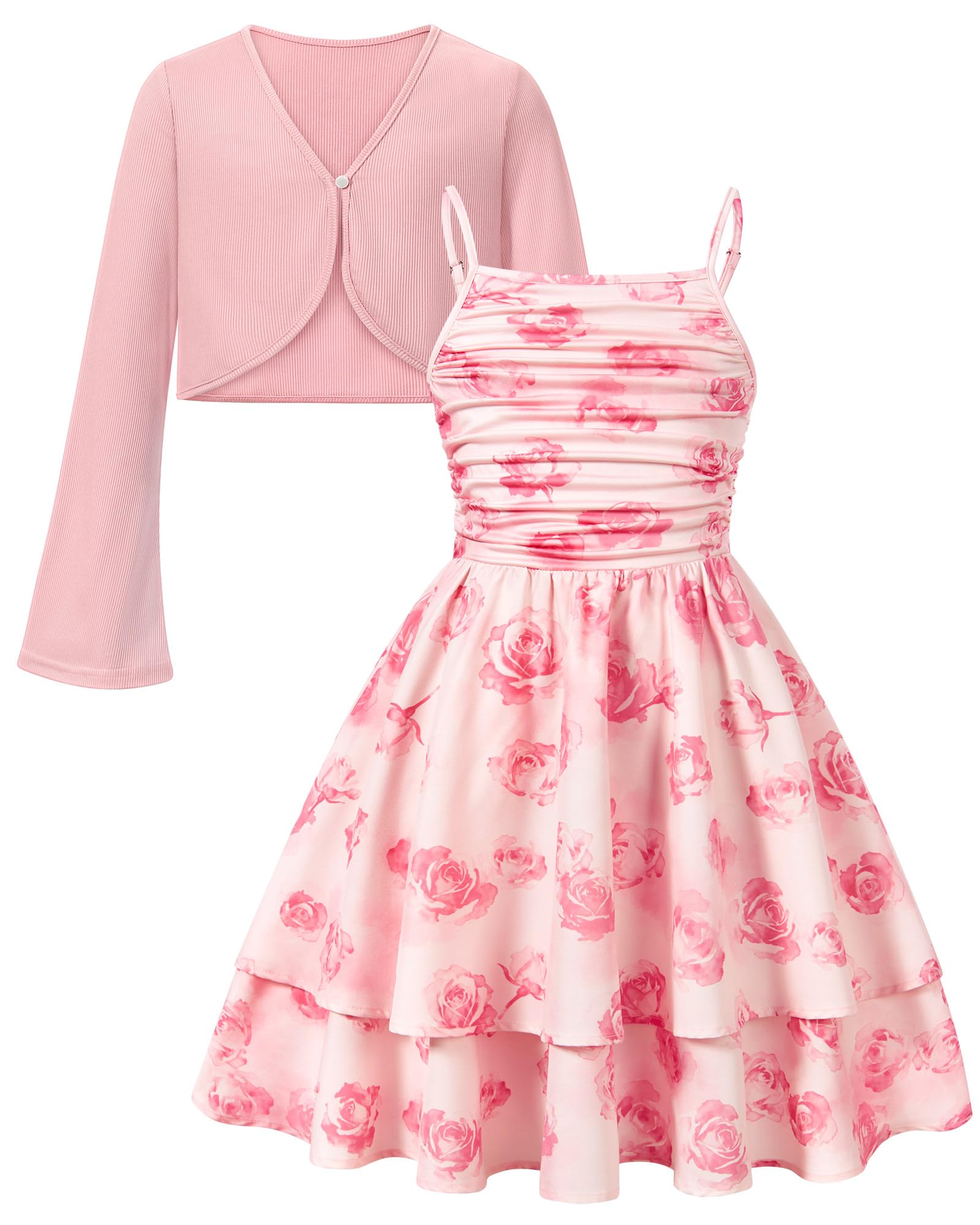Girls Rose Floral dress with matching cardigan featuring elegant floral prints for special occasions and vacations.