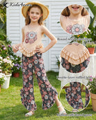 Close up details of girls ruffle tank top and pants set showing lightweight fabric, layered ruffle design and comfortable summer outfit details.