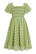Girls sage green chiffon dress with Swiss dot details, elegant kids dress for weddings, parties and celebrations.