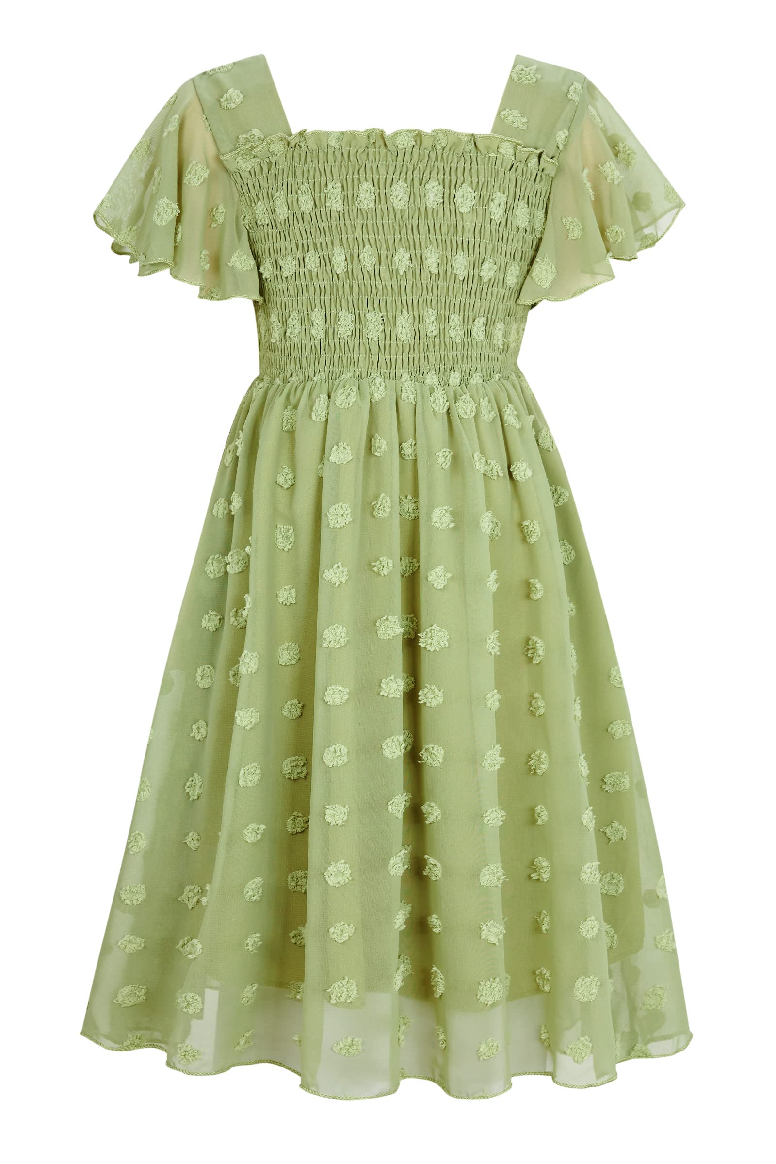 Girls sage green chiffon dress with Swiss dot details, elegant kids dress for weddings, parties and celebrations.