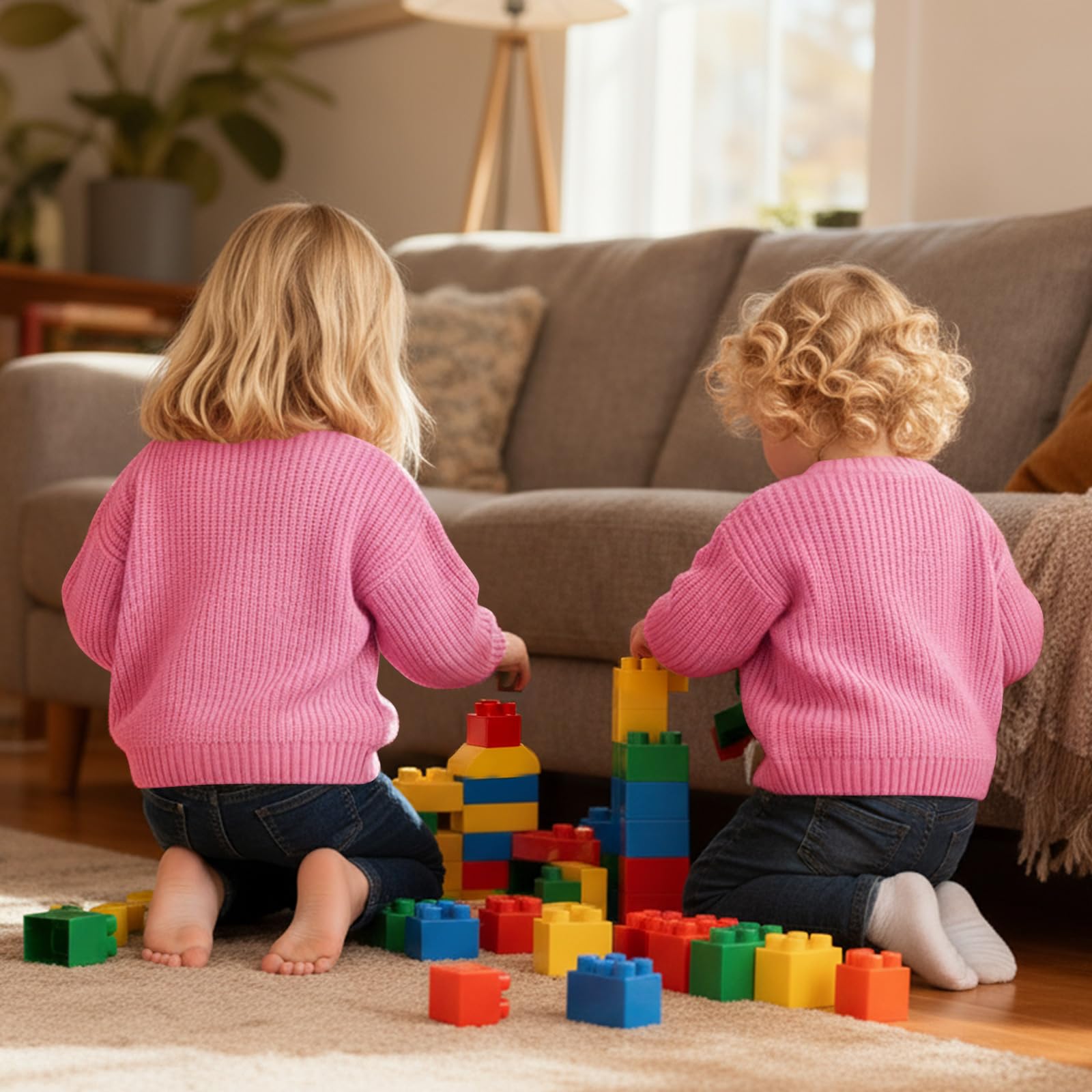 Back view of two girls wearing pink knit sweaters while sitting together and playing with colorful building blocks indoors.