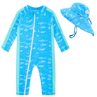 Toddler girls sky blue printed rash guard swimsuit with long sleeves, front zipper and matching sun hat for comfortable summer swimming.