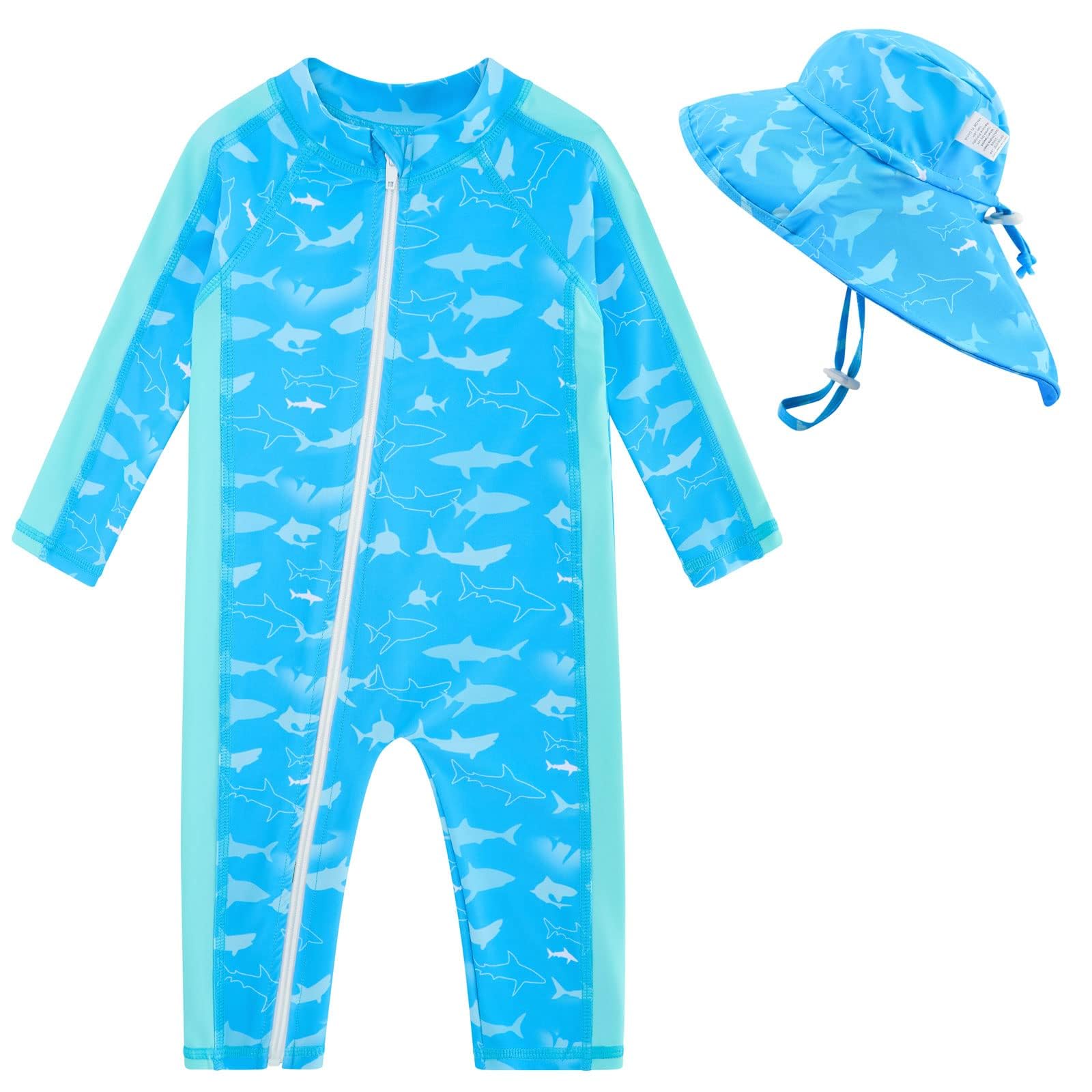 Toddler girls sky blue printed rash guard swimsuit with long sleeves, front zipper and matching sun hat for comfortable summer swimming.