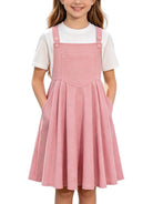 Girls soft pink waffle overall dress set with matching tee, sweet casual outfit for young girls.