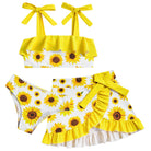Girls sunflower bikini swimsuit set with ruffle skirt cover up, bright summer outfit for kids.