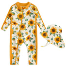 Toddler girls sunflower print long sleeve rash guard swimsuit with matching sun hat and full coverage design for summer swimming.