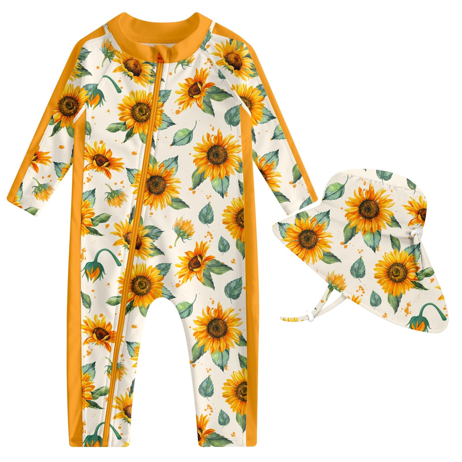 Toddler girls sunflower print long sleeve rash guard swimsuit with matching sun hat and full coverage design for summer swimming.